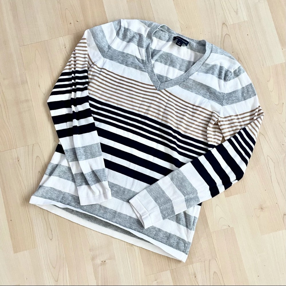 Tommy Hilfiger Striped V Neck 100% Cotton Sweater